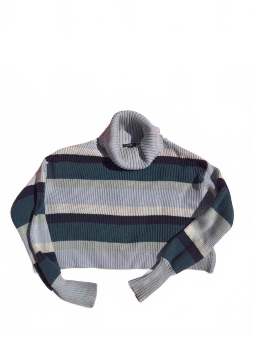 100% Cotton Chunky Knit Monochrome Striped Fall Layer Turtleneck Sweater Size XS